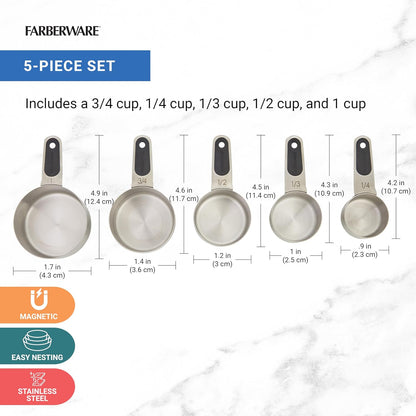 Farberware Professional Set of 5 Stainless Steel Measuring Cups, Precision and Ease in Every Scoop, Features Magnetic Handles for Easy Storage, Dishwasher Safe