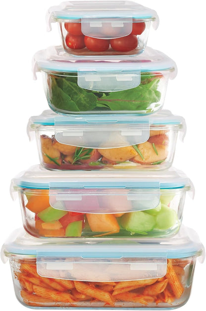 DURA LIVING Airtight Glass Food Storage Containers with Lids - 10 Piece Set, Borosilicate Glass Meal Prep Containers, Leak Proof, Oven Microwave Freezer Dishwasher Safe, BPA-Free