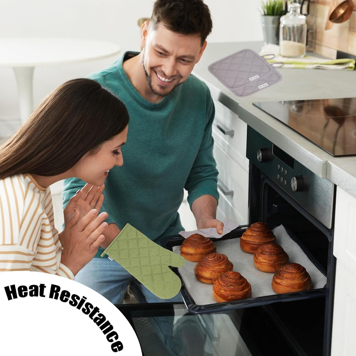 Oven Mitts and Pot Holders Sets,6 Pcs Oven Mitts and Potholders with Recycled Cotton High Heat Resistant Extra Thick Long Oven Mitts for Cooking(Black)