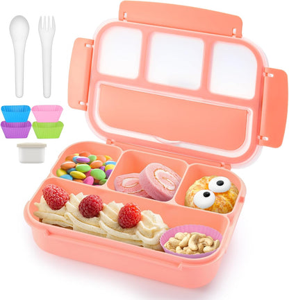 QQKO Bento Lunch Box for Kids Girls Boys, Toddler Kids Lunch Boxes for School, Lunch Containers for Adults with 4 Compartments, Sauce Container, Utensils, Food Picks and Muffin Cups, Purple