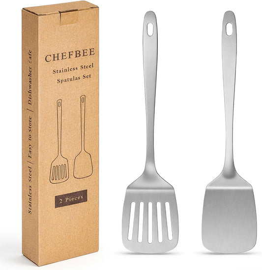 ChefBee 2PCS Metal Spatula Set - Stainless Steel Spatula Solid & Slotted Turner Flipper for Kitchen Use, Heat Resistant Kitchen Cooking Utensils for Flipping Fish, Eggs, Pancakes, Dishwasher Safe