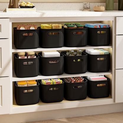 12 Pack Black Storage Bins for Shelves, Plastic Storage Containers for Organizing, Stackable Storage Boxes with Handle, Black Storage Bins for Classroom, Craft, Snacks, Cabinet, 9.7x6.7x5.7inch
