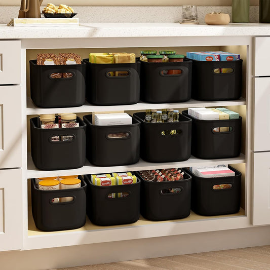 12 Pack Black Storage Bins for Shelves, Plastic Storage Containers for Organizing, Stackable Storage Boxes with Handle, Black Storage Bins for Classroom, Craft, Snacks, Cabinet, 9.7x6.7x5.7inch