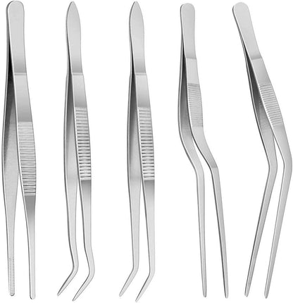 5pc Cooking Tweezers Precision Kitchen Plating Tweezer Stainless Steel Curved Tongs for Baking Decorating Beauty