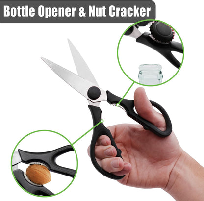 Grip Multi-Purpose Stainless Steel Kitchen Scissors - Non-Slip TPR Grip - Serrated Blade - Cuts Meat, Vegetables, Fish, Poultry, Fruits, Pizza - Nut cracker/Bottle opener - Dishwasher Safe (Blk/Grey)