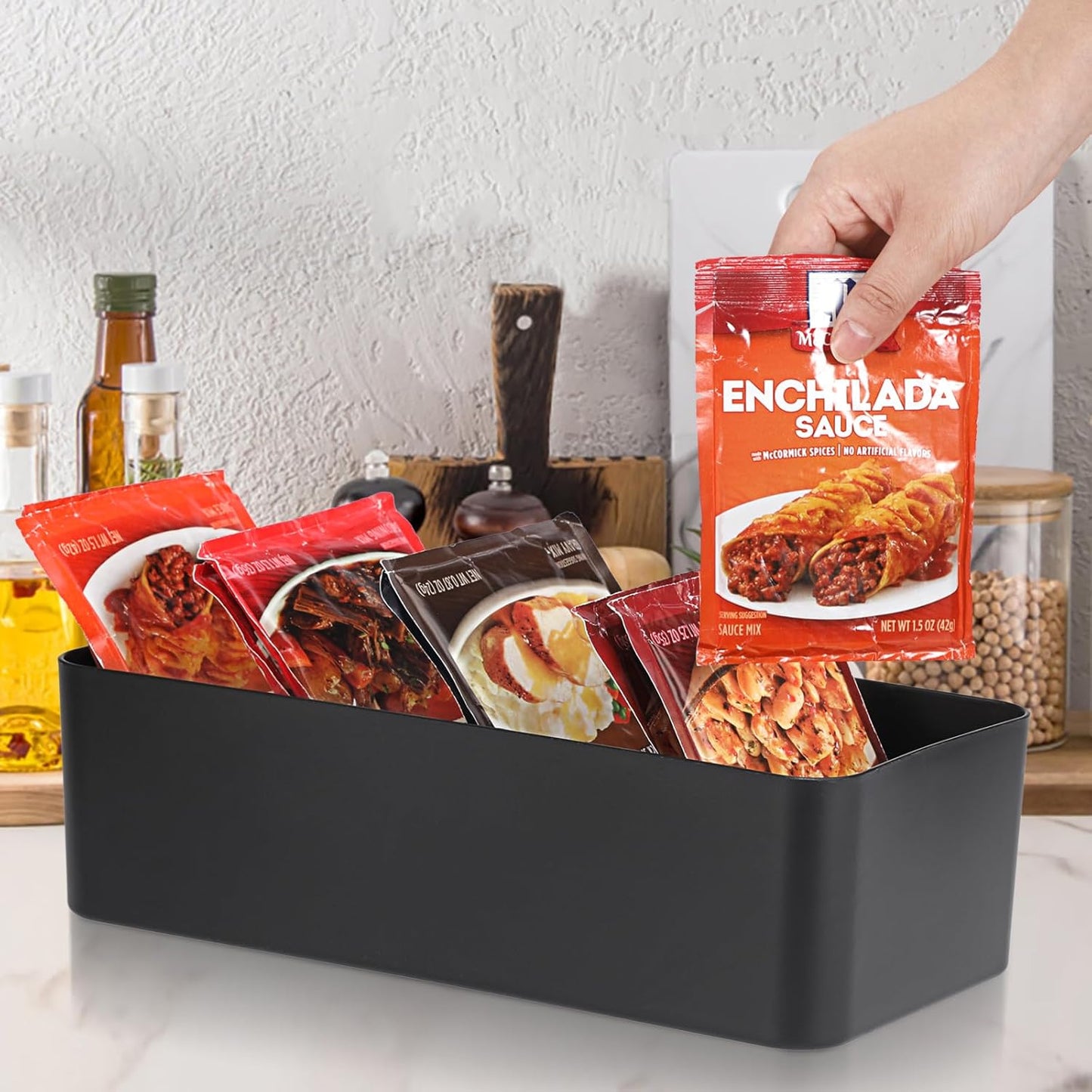 BSTKEY Seasoning Packet Organizer, Food Storage Organizer with Divided 4 Bamboo Wood Compartments, White Plastic Storage Caddy for Pantry Cabinet, Kitchen Organization Bin for Snacks Spice Packets
