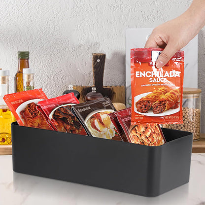 BSTKEY Seasoning Packet Organizer, Food Storage Organizer with Divided 4 Bamboo Wood Compartments, White Plastic Storage Caddy for Pantry Cabinet, Kitchen Organization Bin for Snacks Spice Packets