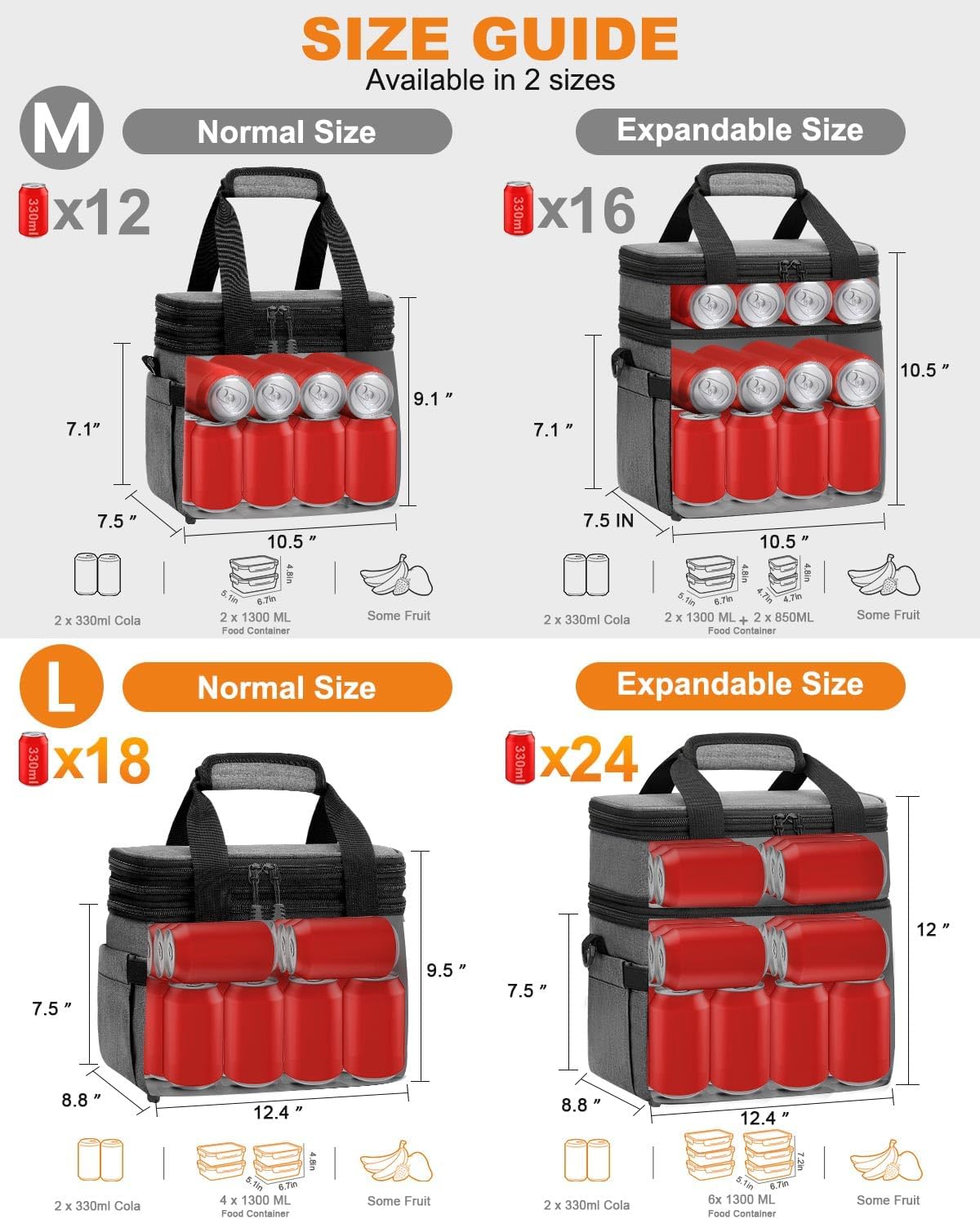 Pritent Lunch Box For Men Women Double Deck Insulated Lunch Bag For Men Woman Leakproof Expandable Cooler Bag with Adjustable Shoulder Strap for Kids Shool Work Picnic Camping(Beige,Large)