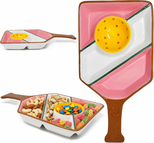 Gift Boutique Pickleball Serving Tray Ceramic 3 Section Divided Snack Platter with Handle Candy Nut Dish Appetizer Server Party Entertaining Kitchen Decor