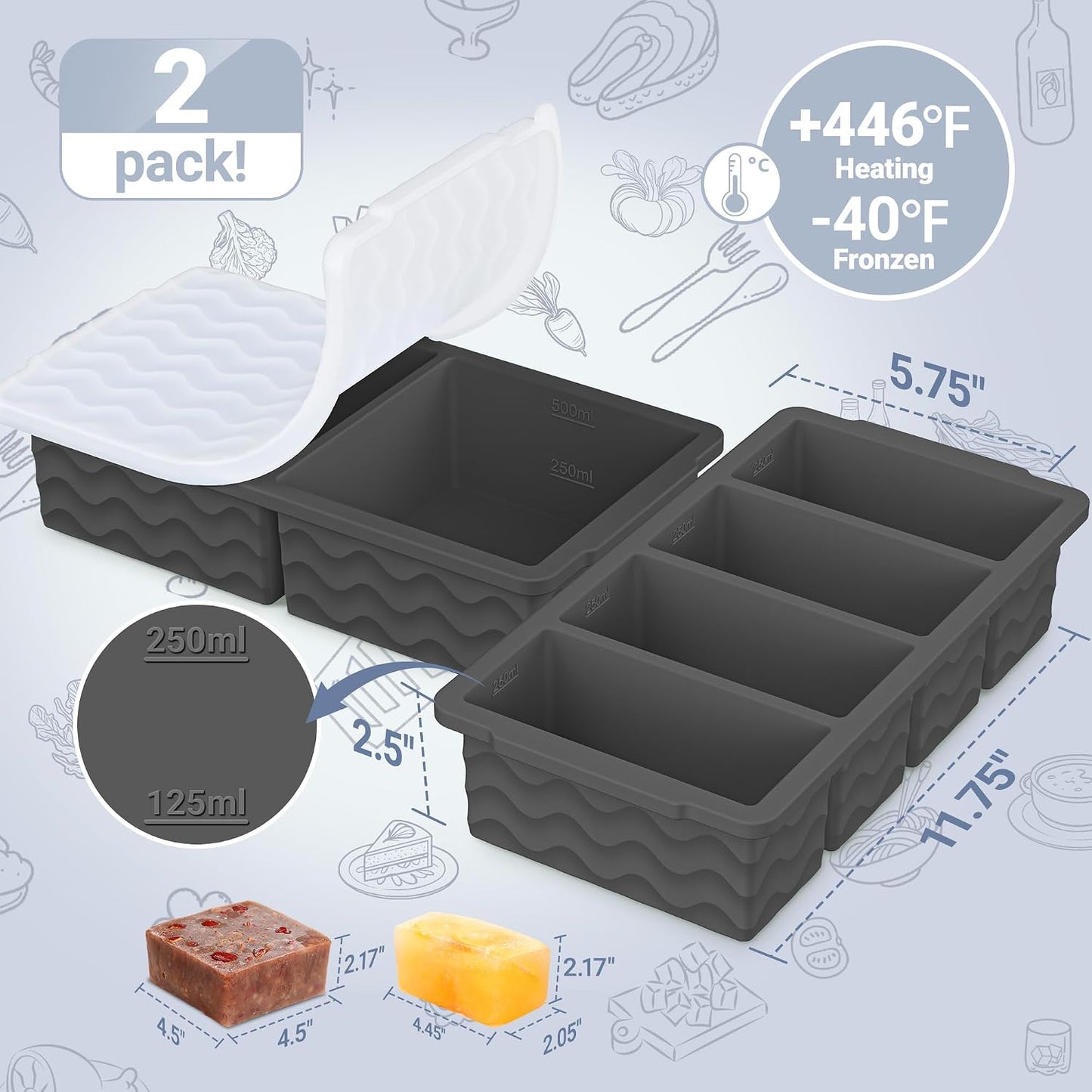 Silicone Freezer Trays with Lid for Soup, 1-Cup & 2-Cup Large Ice Cube Molds Food Storage Containers for Meal Prep, Freeze 500mL/250mL/125mL Portions – 2 Pack