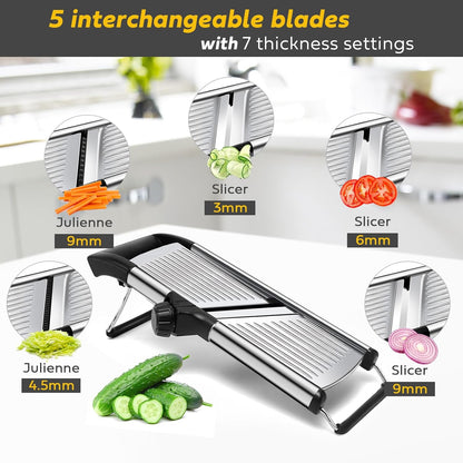 Mandoline Slicer for Kitchen, Stainless Steel adjustable Mandoline slicer, Non-Slip Mandolin with 4 Blades,Vegetable & Fruit Slicer for Potato,Tomato,onion,cucumber,with Cut-Resistant Gloves,Brush