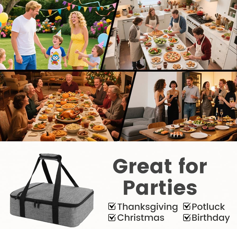 Insulated Resuable Casserole Carrier Bag for Hot or Cold Food, Foldable Portable Prep Carrier, Thermal Food Transport Bag for 9''x13'' & 11''x15'' Baking Pan, Travel Picnic Cake Dessert lunch, Black