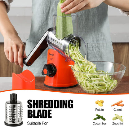 Geedel Rotary Cheese Grater, Kitchen Mandoline Vegetable Slicer with 3 Interchangeable Blades, Easy to Clean Rotary Grater Slicer for Cheese, Vegetables, Nuts