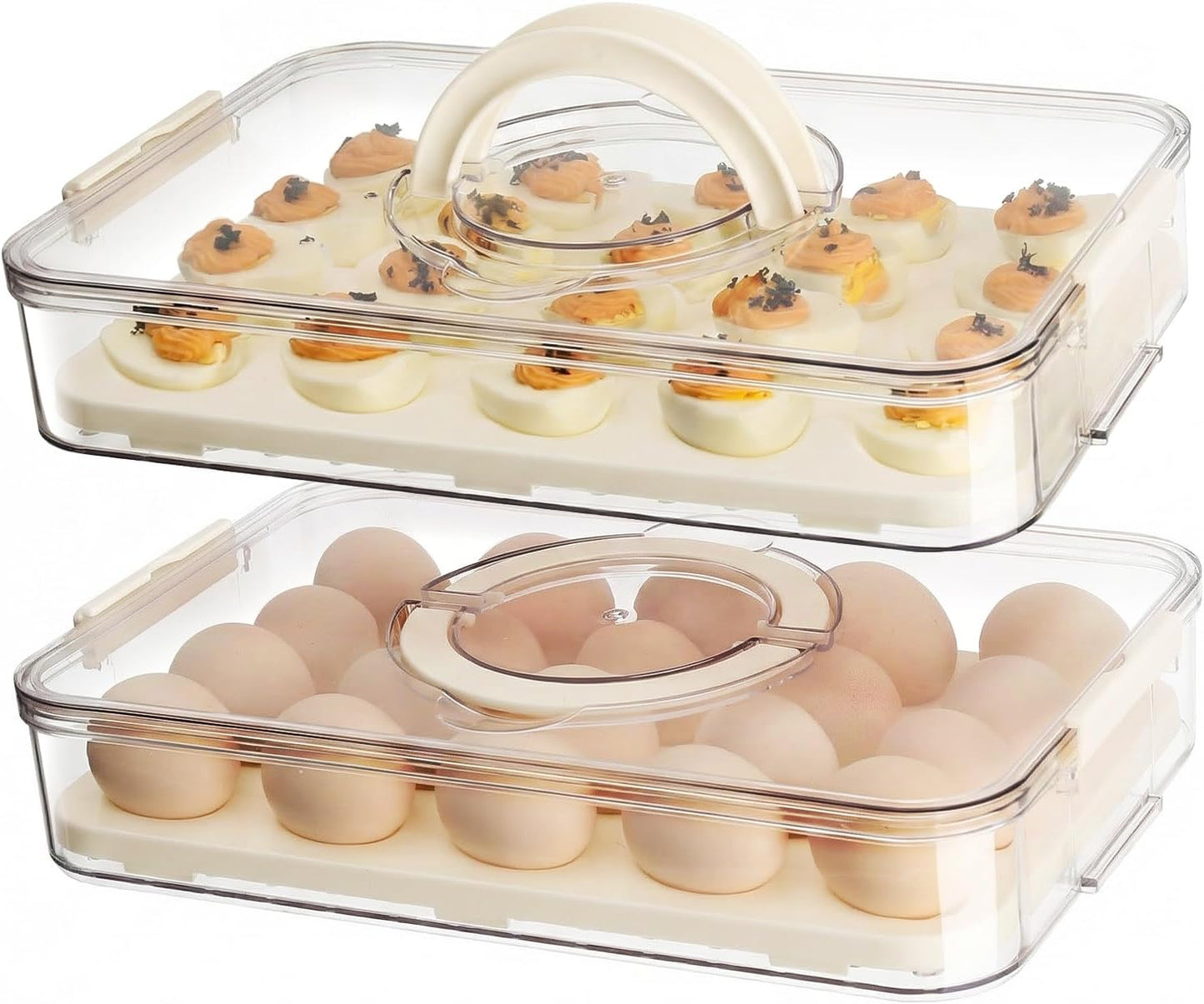 2 Pack Deviled Egg Containers with Lid, Plastic Clear Deviled Egg Platter with Handle for 40 Eggs, Stackable Egg Holder for Fridge, Deviled Egg Tray for Party, Picnic, Home, Kitchen