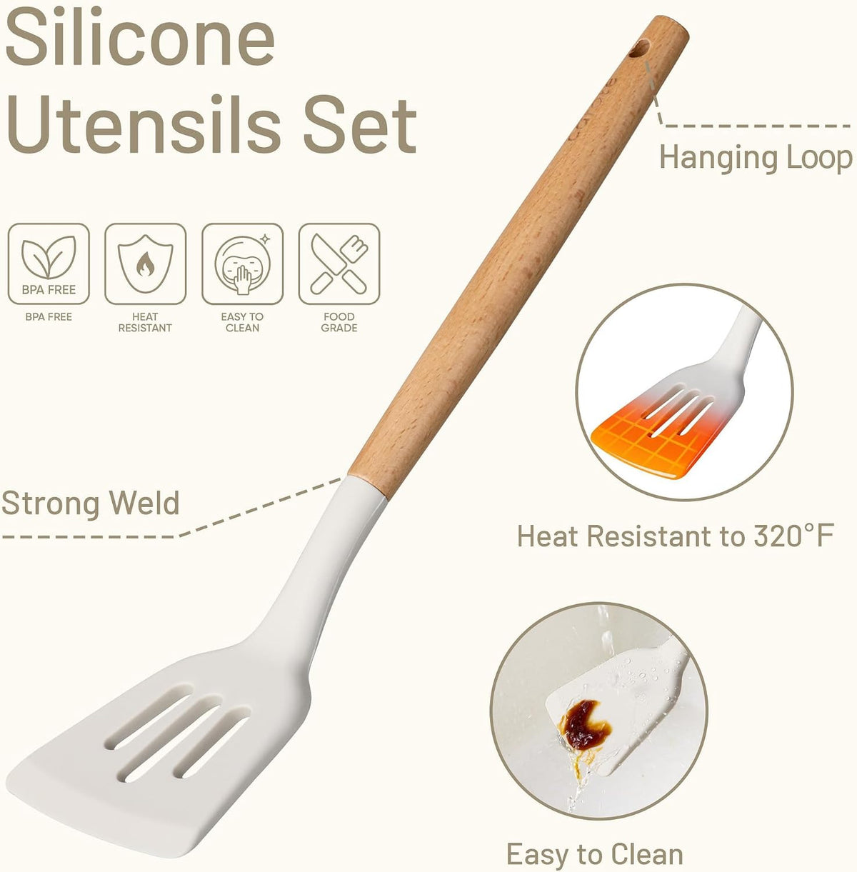 CAROTE Kitchen Utensils Set with Wood Cool-Touch Handles, Cream