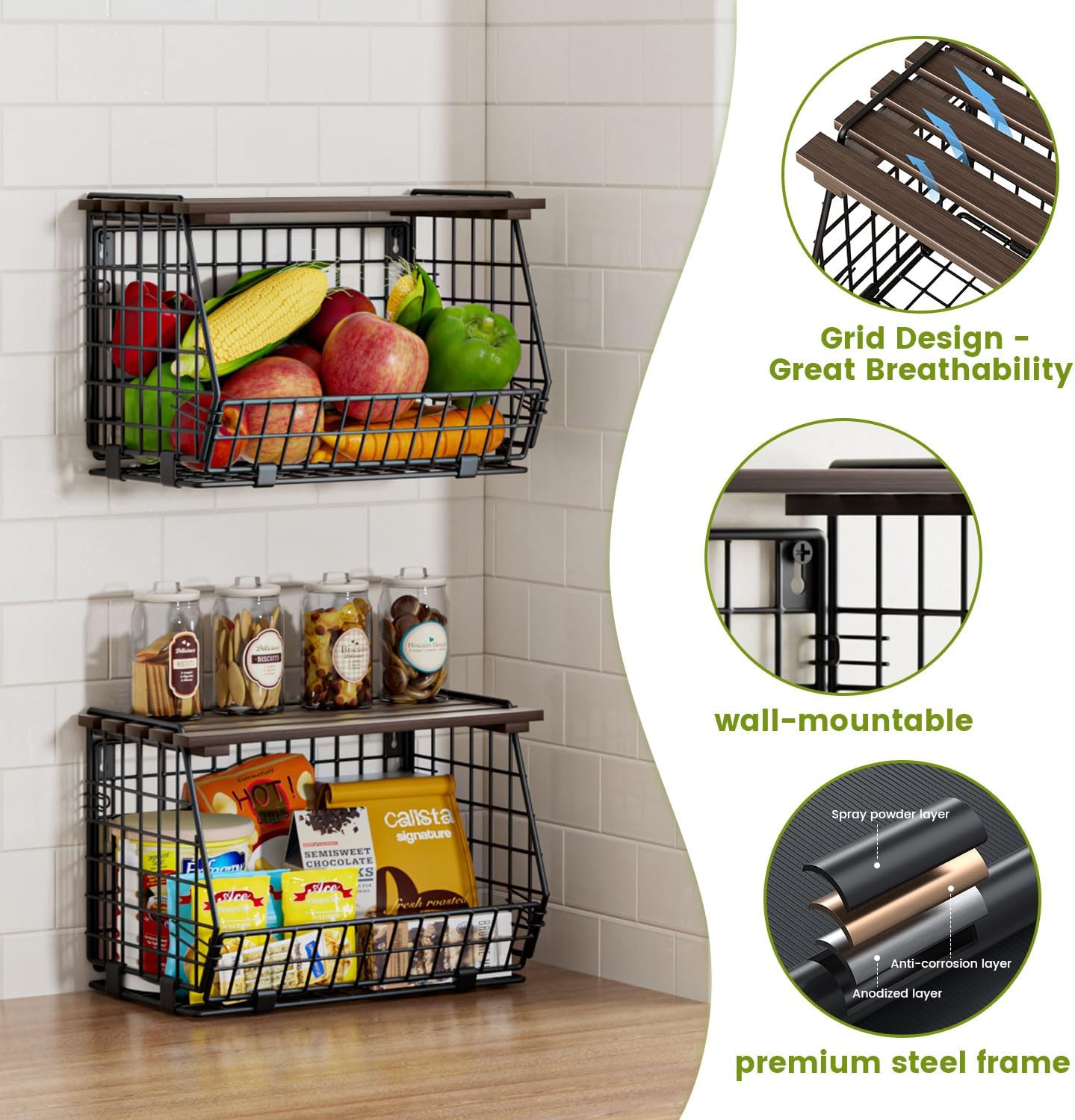 Wire Fruit Basket for Kitchen Storage: Hanging and Counter Basket for Vegetable Produce - Potato and Onion Storage for Pantry 3 Pack