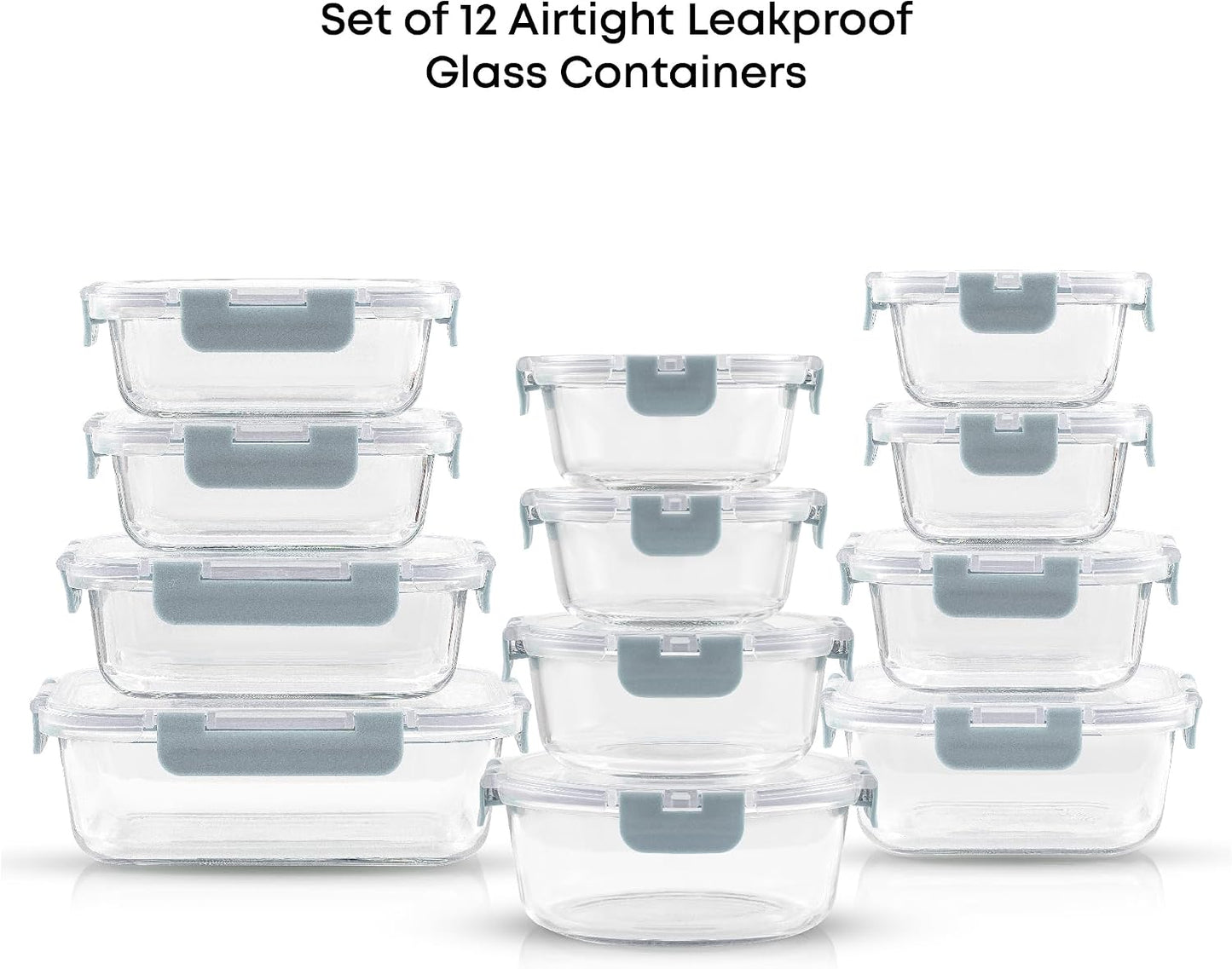 JoyJolt 24pc Borosilicate Glass Storage Containers with Lids | 12 Airtight/Freezer Safe Food Storage Containers for Pantry and Kitchen | Meal Prep Container for Lunch | Glass Tupperware Set