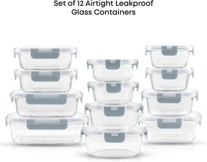 JoyJolt 24pc Borosilicate Glass Storage Containers with Lids | 12 Airtight/Freezer Safe Food Storage Containers for Pantry and Kitchen | Meal Prep Container for Lunch | Glass Tupperware Set
