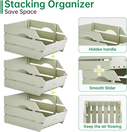 HABAU Wood Potato Onion Storage Bins - Wooden Stackable Produce Basket - Fruit Vegetable Storage for Kitchen Pantry Organization, Set 3 Pieces
