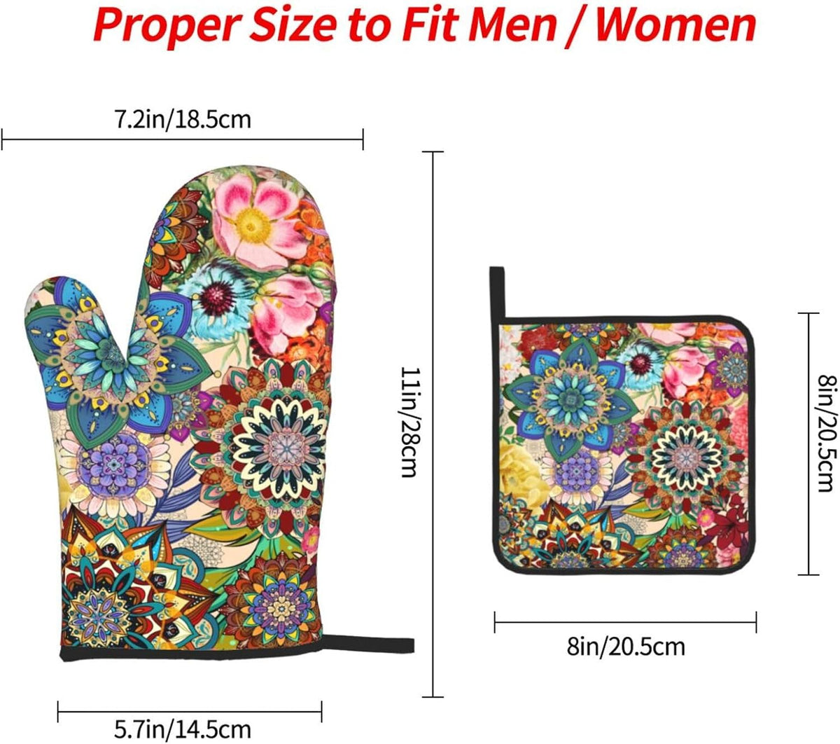 Boho Floral Oven Mitts and Pot Holders Sets of 3, Cute Baker Stuff