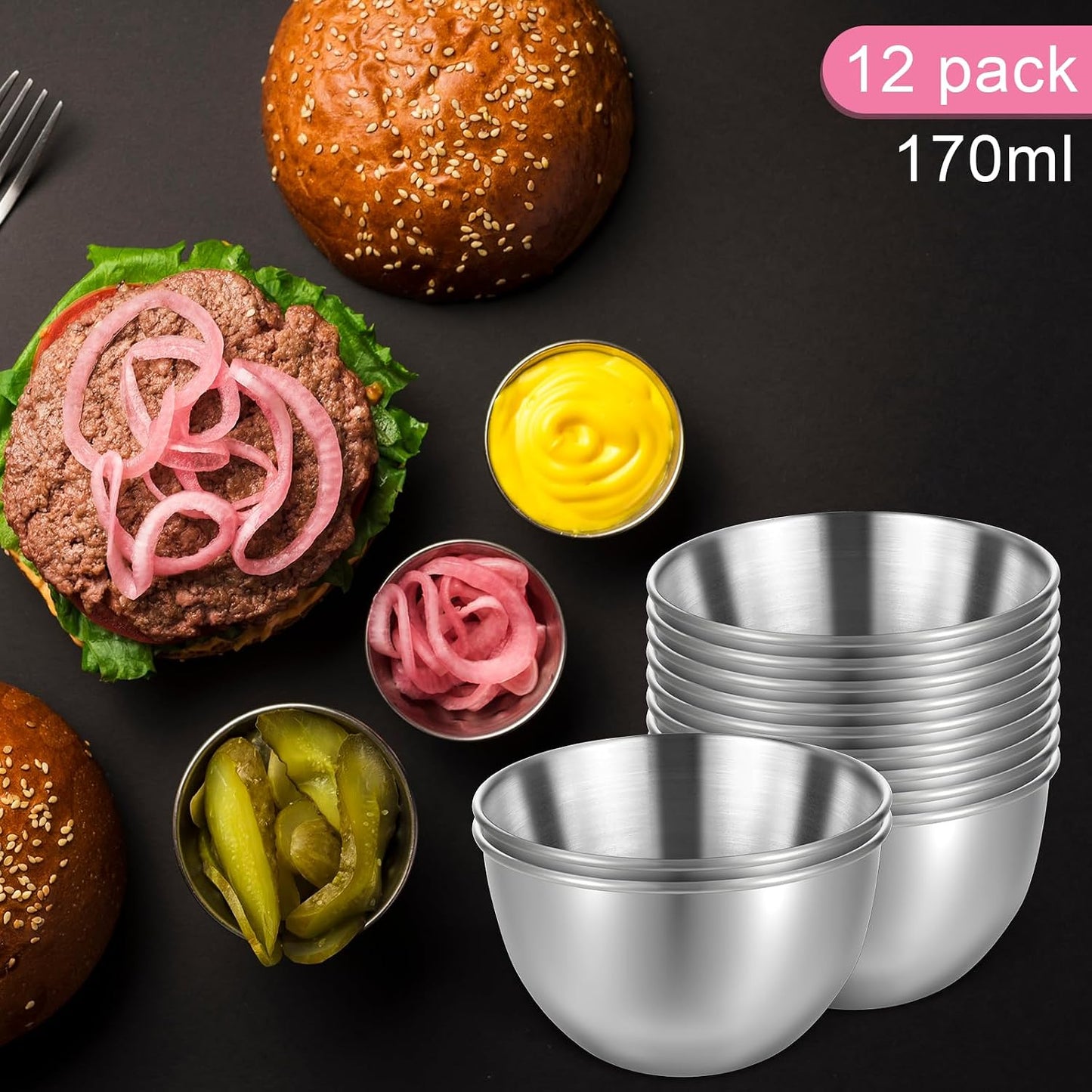 12 Pack 3.4inch Stainless Steel Sauce Dishes, Mini Individual Round Sauce Bowl, Sushi Dipping Bowl, Ingredient Bowls for Prep, Sliver