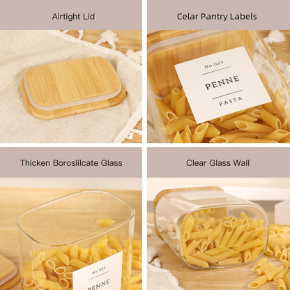 2 Pack large Square Glass Flour and Sugar Containers with 132 Kitchen Pantry Labels - 149 floz & 71 floz - Glass Jars with Airtight Bamboo Lid - Glass Rice Canisters for Coffee, Pasta, Cookie, Cereal