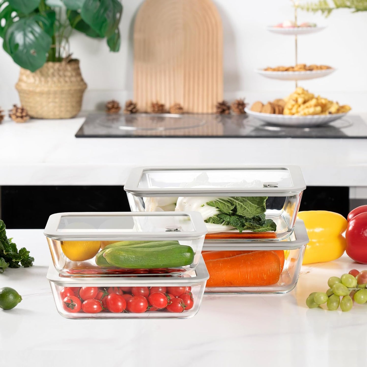 Glass Food Containers with Glass Lid, Microwave Safe Food Storage Container Set, 4 Pack of 35oz, Large Size Airtight Storage Set with Leak Proof Lids, Meal Prep Containers