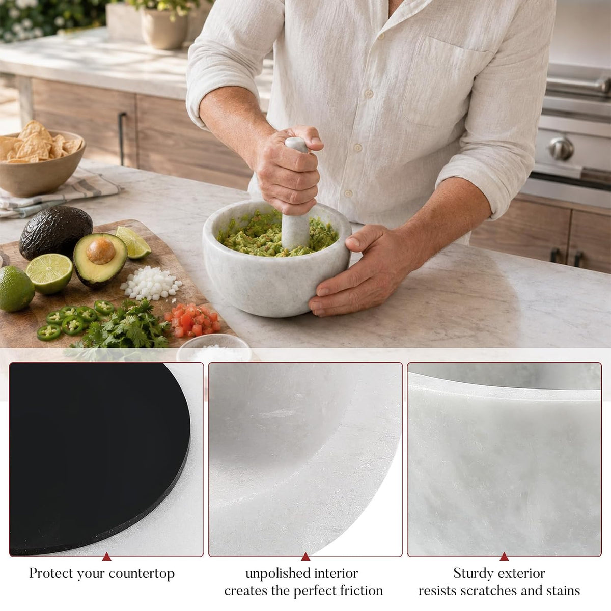 Koville Luxury Marble Mortar and Pestle Set, 7"-4cups Grinder Bowl for Guacamole, Salsa, Pill Crusher, Spice, Herb, Garlic, Nut, Heavy Duty Grinder for Kitchen