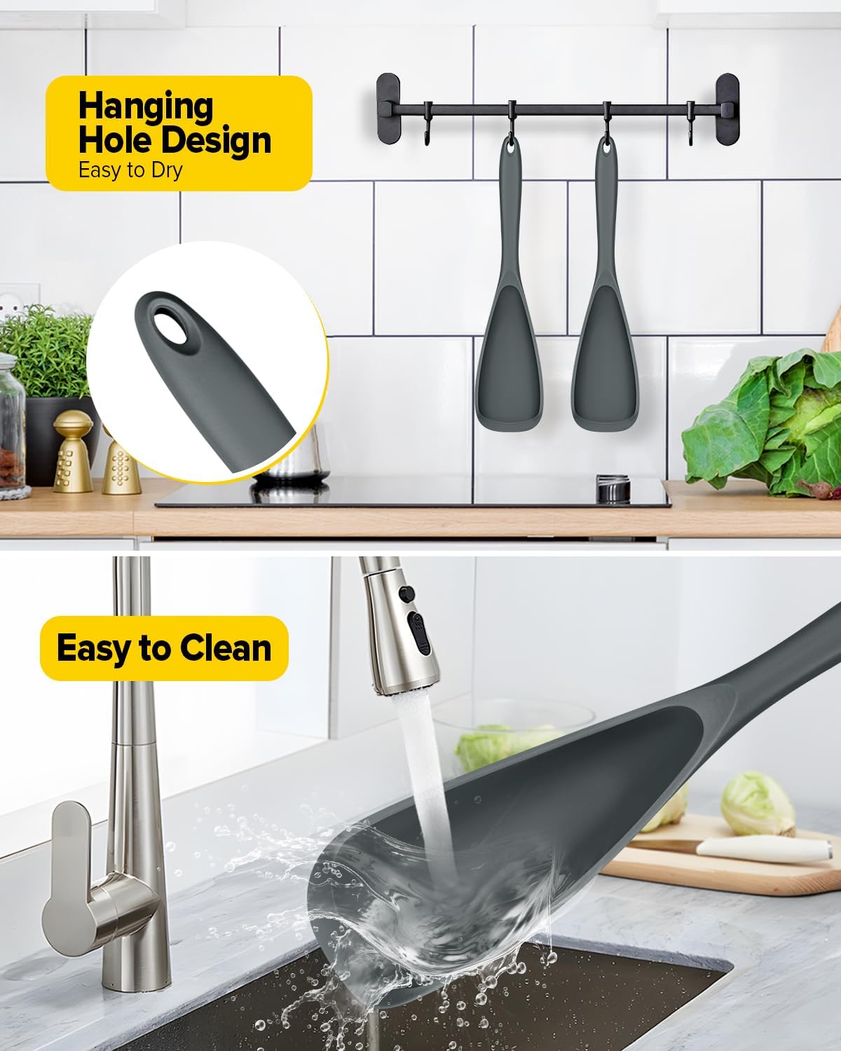 Pack of 2 Cooking Spoons for Non Stick Cookware, Multifunction Spatula Spoon BPA-Free, One-Piece Design, Suitable for Scooping, Scraping, Serving and Mixing(BLACK-GRAY)