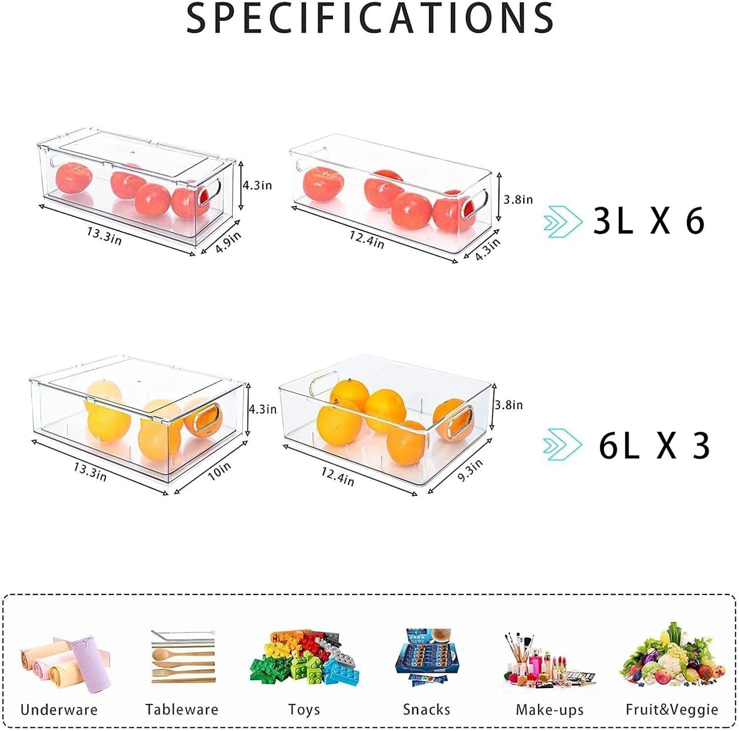 3Pack Fridge Organizer Drawer Divider Cube Pull-Out Bins Clear Food Container Refrigerator Storage box Produce Saver for Pantry Kitchen Cabinet