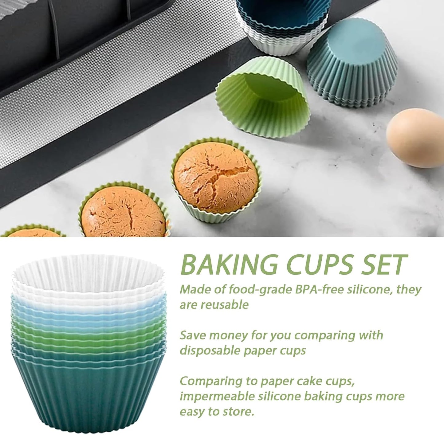 Silicone Baking Muffin Cups 12 Pack,Food-Grade Non-Stick Muffin & Cupcake Liners,Wrapper Cups Holders for Muffins, Cupcakes, and Candies Standard Size (Green)