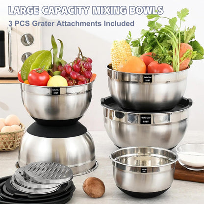 Umite Chef Mixing Bowls with Airtight Lids Set, 8PCS Stainless Steel Nesting Bowls with Grater Attachments, Non-Slip Bottoms, 5, 4, 3.5, 2, 1.5QT for Mixing & Serving