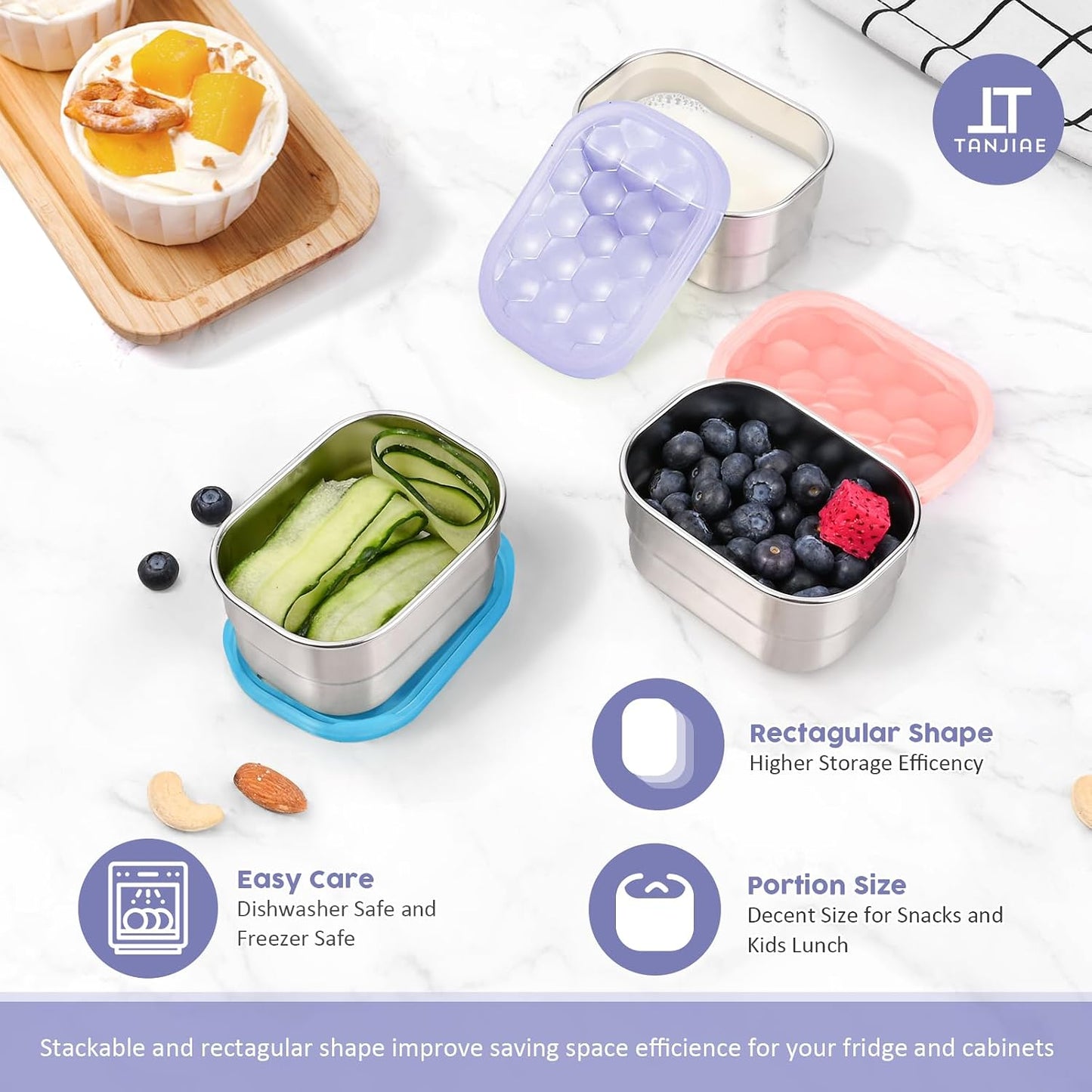Tanjiae Small (1 CUP) Stainless Steel Snack Containers for Kids | Easy Open Leak Proof Food Containers with Silicone Lids - Perfect Metal Toddler Lunch Box for Daycare and School (8oz)