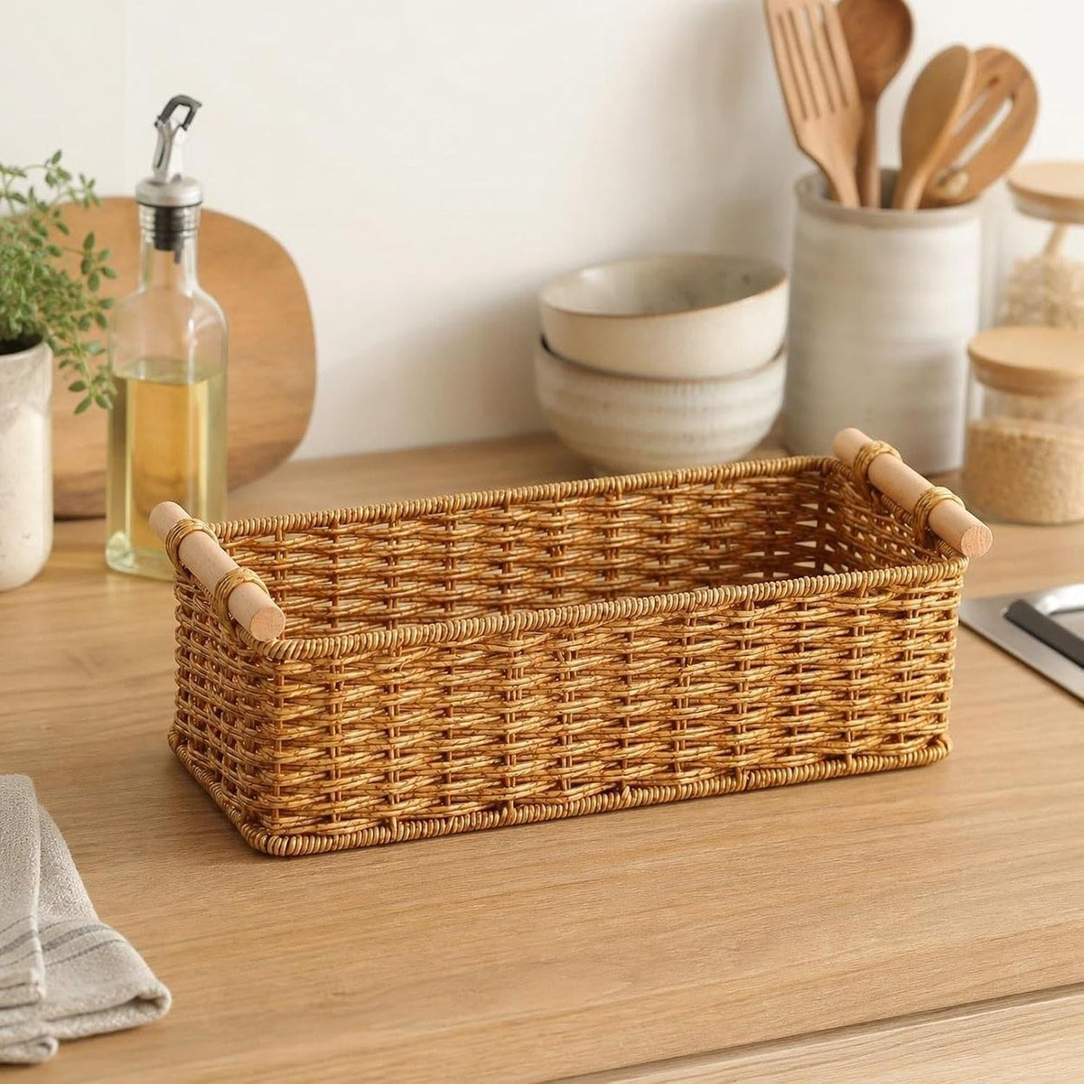 Handwoven Storage Basket Decorative Basket Rectangular with Handles Organizer for Living Room Toilet Pantry Bookcase Cabinet, Style B
