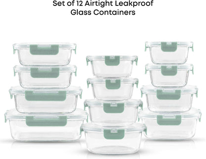 JoyJolt 24pc Borosilicate Glass Storage Containers with Lids | 12 Airtight/Freezer Safe Food Storage Containers for Pantry and Kitchen | Meal Prep Container for Lunch | Glass Tupperware Set