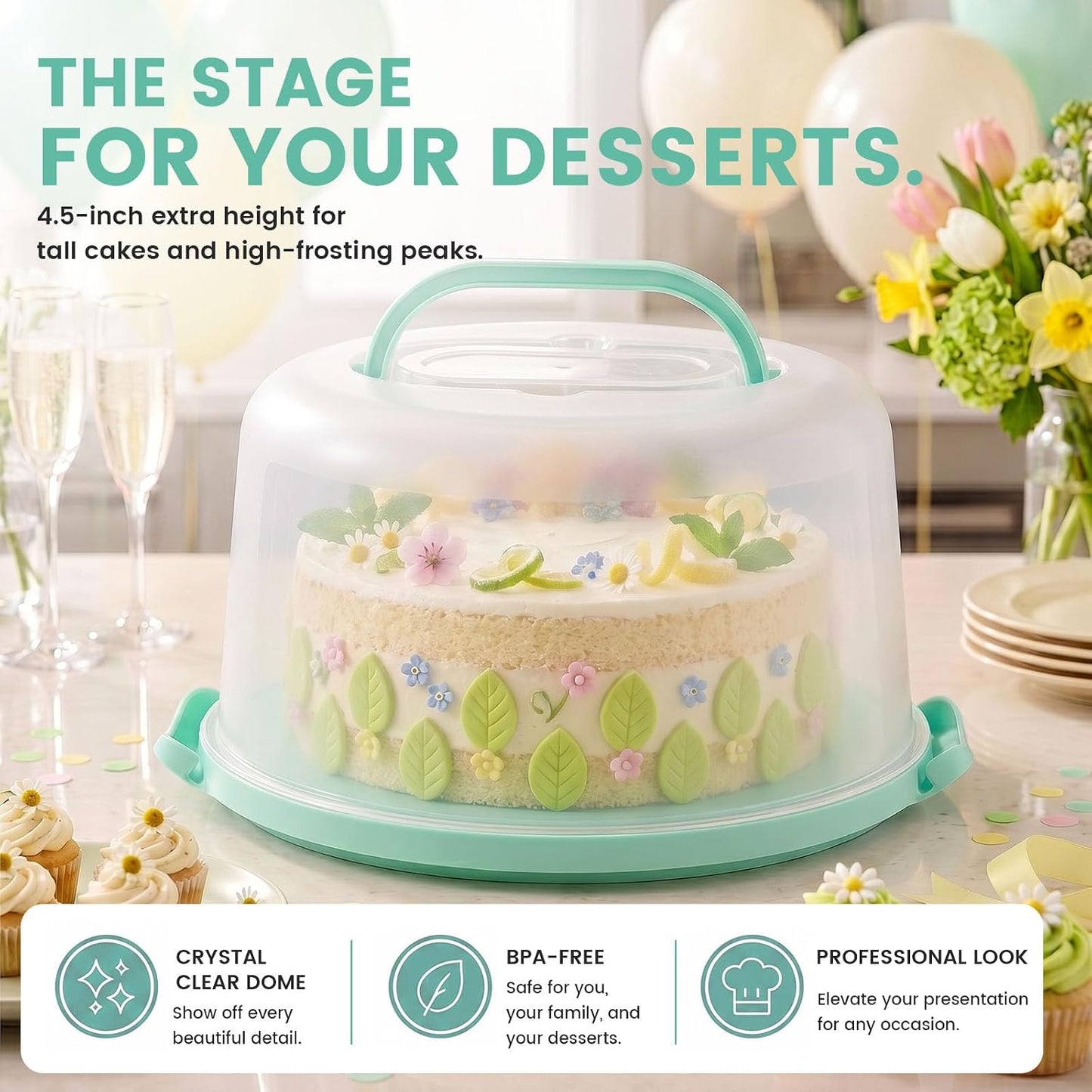 HANSGO Cake Carrier with Lid and Handle, Extra Deviled Egg Containers, Cake Holder for 10 inch Cakes with 2 Handles, 11 Capacity Cupcake Carrier, Two Sided Base for Nuts, Fruits, Muffins, Pies, Pizza