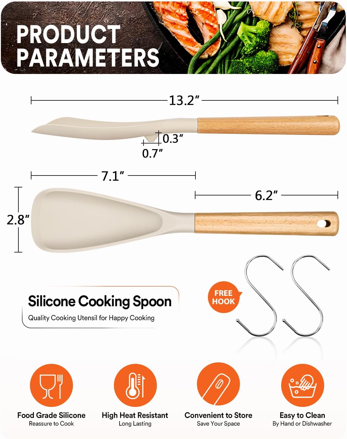 Cooking Spoon for Nonstick Cookwares, Great for Cooking and Serving Sturdy BPA-Free Matte Silicone, Wood Handle Spoon for Mixing, Scoop, and Scrape (Black & Grey, 11.4 inch)