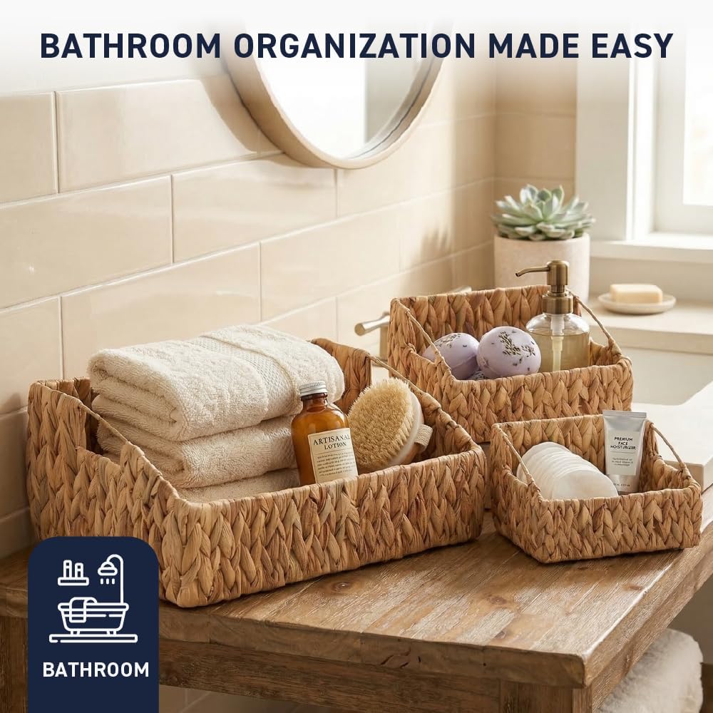 Ornavo Home 3-Pack Water Hyacinth Storage Baskets with Handles, Natural | Handwoven Decorative Natural Organizer For Shelves, Pantry, Closet Or Living Room