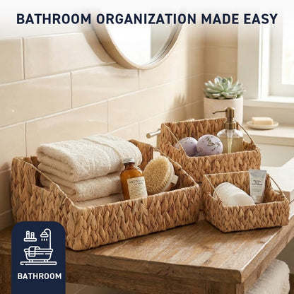 Ornavo Home 3-Pack Water Hyacinth Storage Baskets with Handles, Natural | Handwoven Decorative Natural Organizer For Shelves, Pantry, Closet Or Living Room