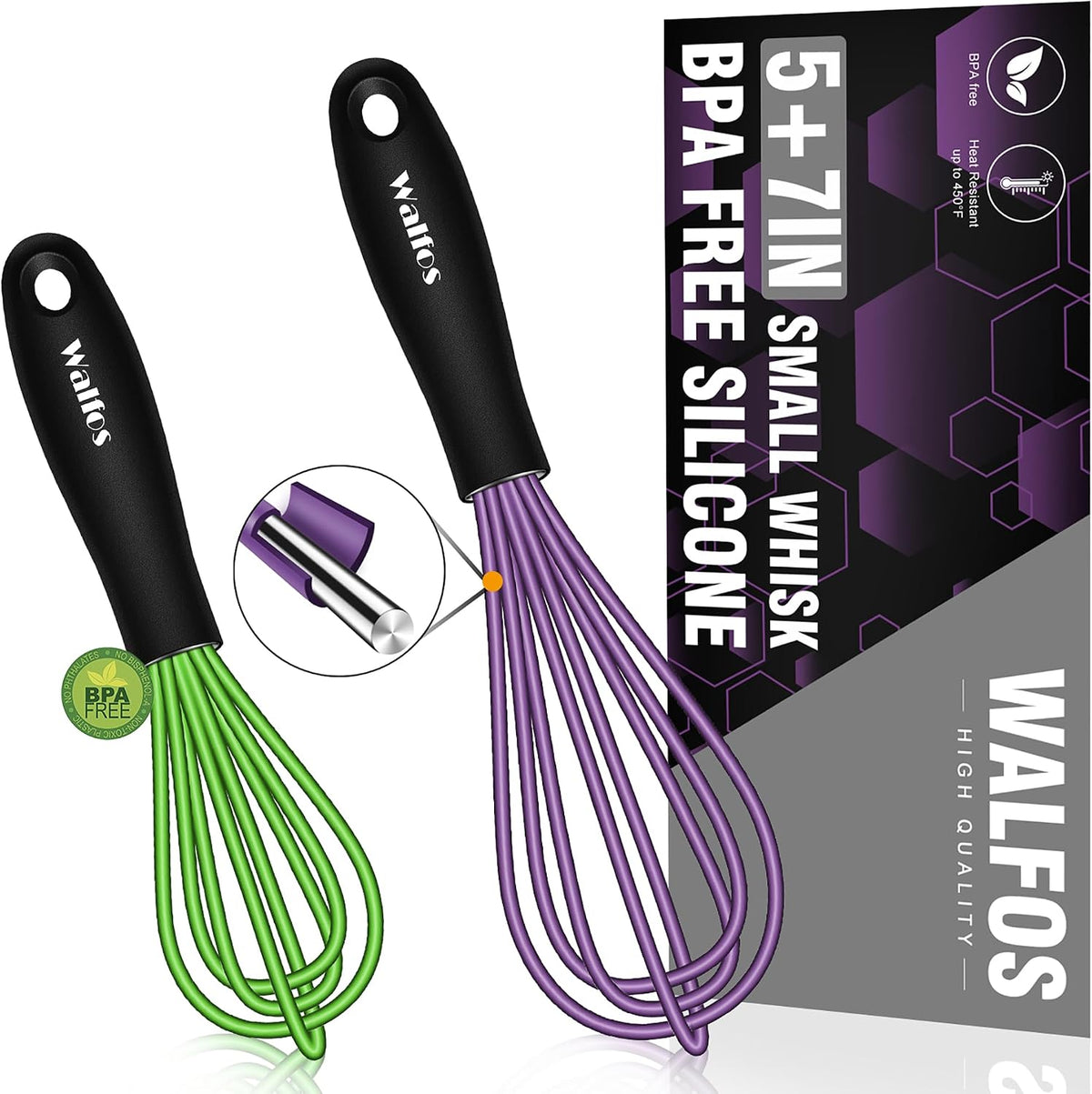 Walfos Silicone whisk,Whisks for Cooking Non Scratch, BPA Free whisk set of 4, 7+9+11in Balloon Whisks & 11in Flat Whisk, Heat Resistant(480°F).Great for Cooking in Pans, Baking, Whisking.Blue