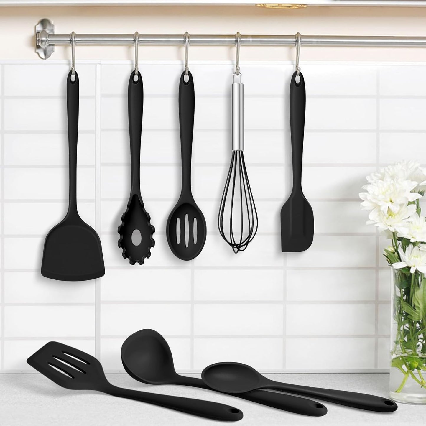 TeamFar Silicone Cooking Utensils Set, 8 PCS Kitchen Utensils Set, 446°F Heat Resistant, Turner, Spatula, Spoon, Whisk, Kitchen Cooking Gadgets Tools for Nonstick Cookware, Dishwasher Safe-Khaki