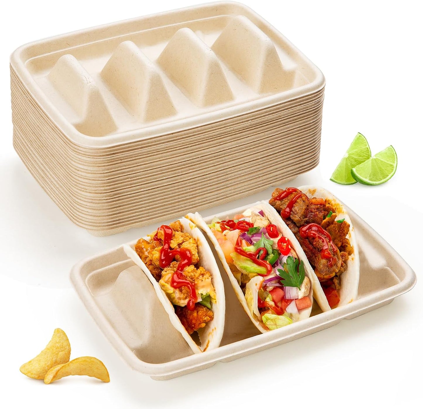 25 PCS Disposable Taco Holders for Party, Bagasse Pulp Fiber Taco Plates with 3 Dividers, Fiesta Taco Tray Holder, Taco Stands for 3 Tacos, Taco Tuesday Lazy Susan Taco Bar Serving Set for Party