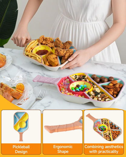 Pickleball Snack Serving Tray - Ceramic Bat Shaped Snack Platter with 5 Compartments & Dip Bowl - Fun Gift for Man & Women, Parties, Father's Day & Pickleball Accessories(Pink)