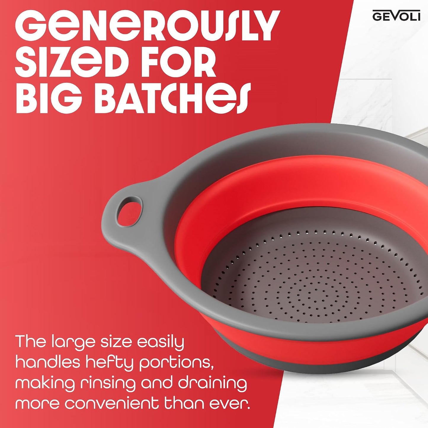 Gevoli Strainer with Self-Draining Base (5QT) Over-Sink Collapsible Kitchen Colander Set with Side-drain Base for Pasta Vegetables and Fruit, XL Large Capacity, Dishwasher Safe (5-Quart) Red/Gray