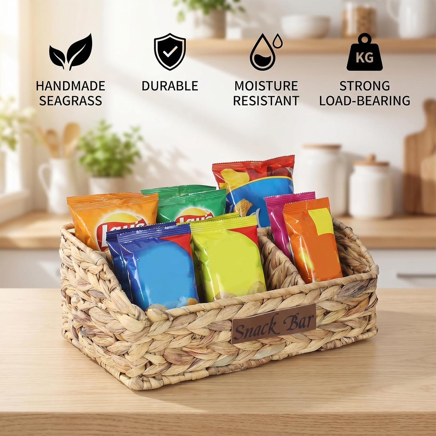 Snack Organizer for Countertop, Trapezoid Snack Basket Water Hyacinth Pantry Basket, Wicker Baskets for Organizing, 3 Compartments Snack Bin for Snack Bar Organizer, Cabinet Kitchen Storage