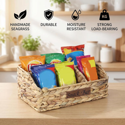 Snack Organizer for Countertop, Trapezoid Snack Basket Water Hyacinth Pantry Basket, Wicker Baskets for Organizing, 3 Compartments Snack Bin for Snack Bar Organizer, Cabinet Kitchen Storage