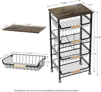 JAQ Slide Out Fruit Vegetable Basket for Kitchen, 4-Tier Rolling Storage Cart with Wooden Handle & Top, Metal Wire Produce Rack for Pantry Organization, Onion Potato Storage Bins for Small Space,White