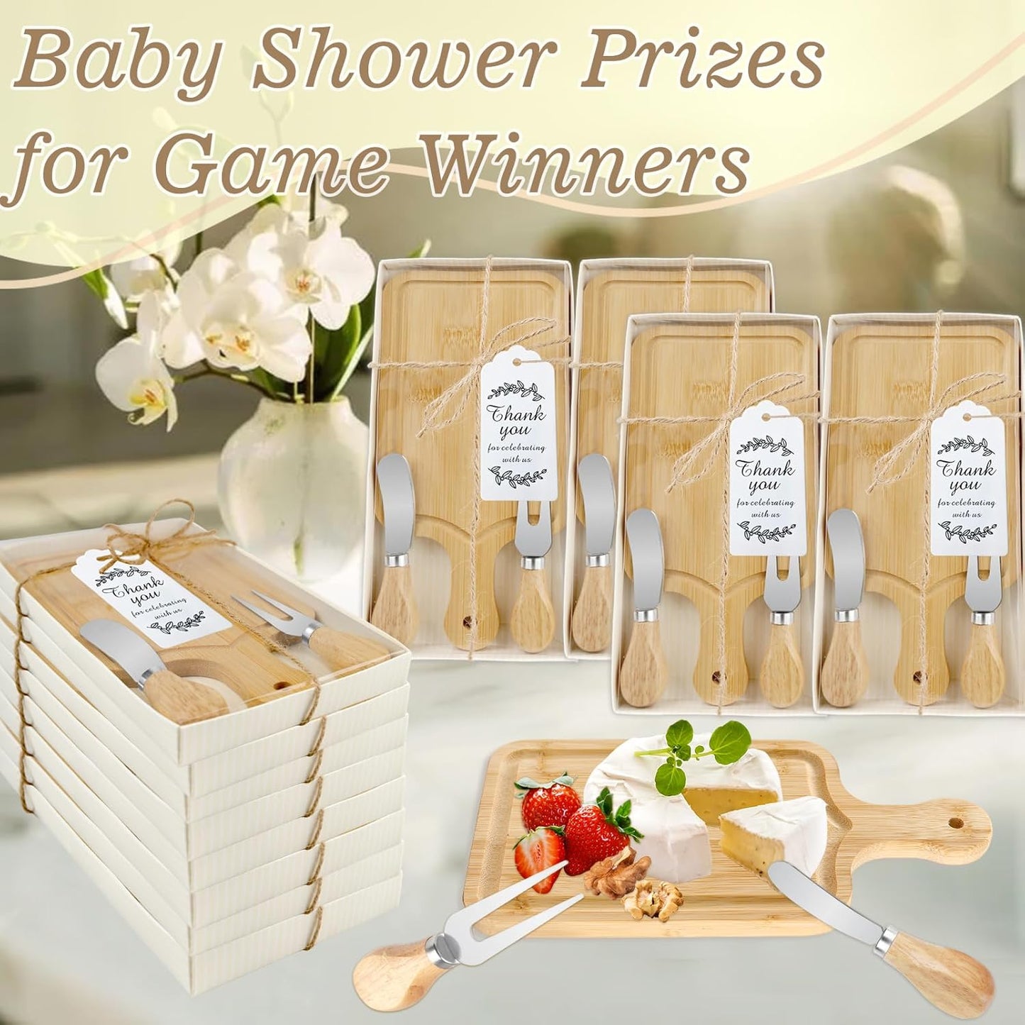 2 Sets Baby Shower Game Prizes for Winners, Bridal Shower Prizes for Guests, Cheese Board Gift Sets with Wood Mini Charcuterie Boards, Knives, Forks, Thank You Card & Gift Box