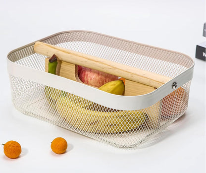 AJIODA Metal Mesh Steel Storage Basket, Garden Harvest Wire Organizer Basket Multi-functional Kitchen Fruit Basket with Wooden Removable Partition & Handle for Bathroom Picnic Decor Cabinet, Grey