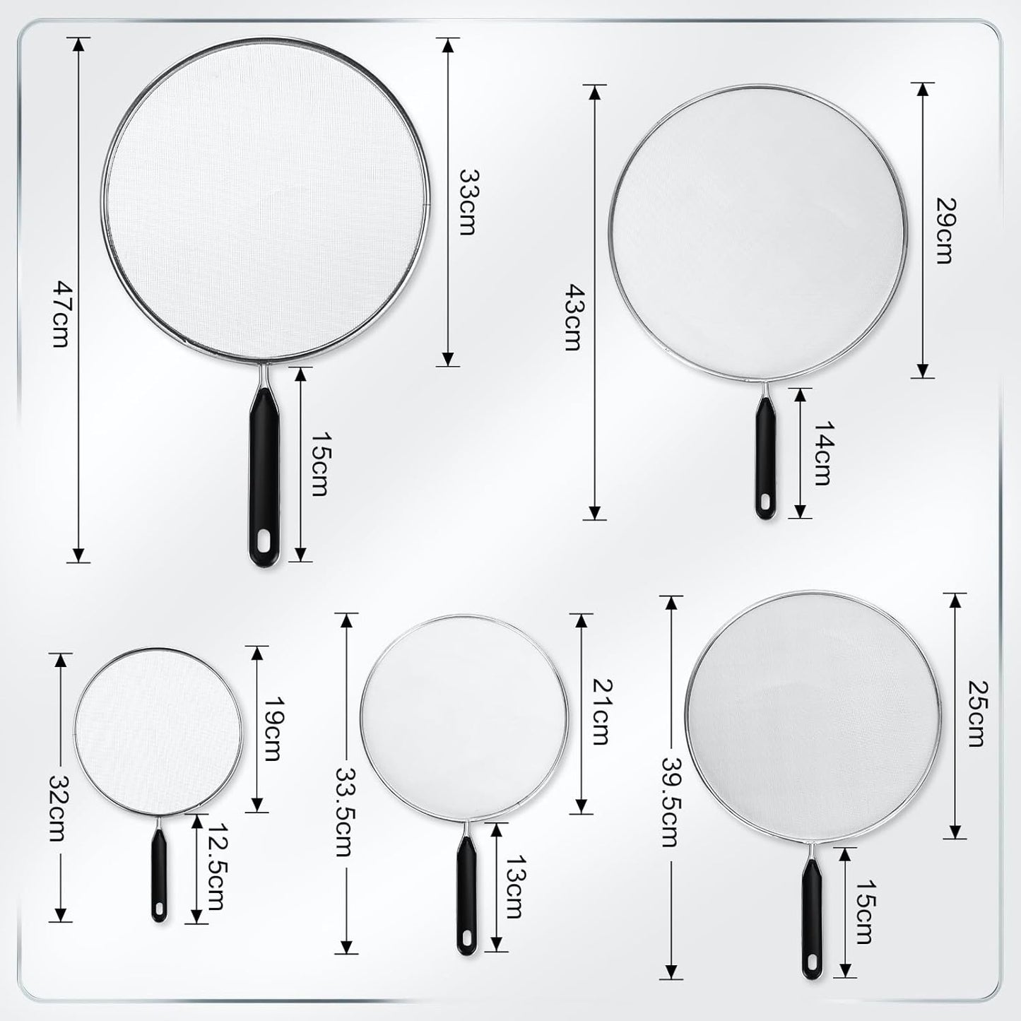 Gisafai 5 Pcs Splatter Guard Set for Frying Pan 13'' 11.5'' 10'' 8.3'' 7.5'' Metal Grease Oil Splatter Screen Fine Mesh Cover Stove Oil Guard with Comfort Grip Handle for Most Pan Pot Safe Cooking